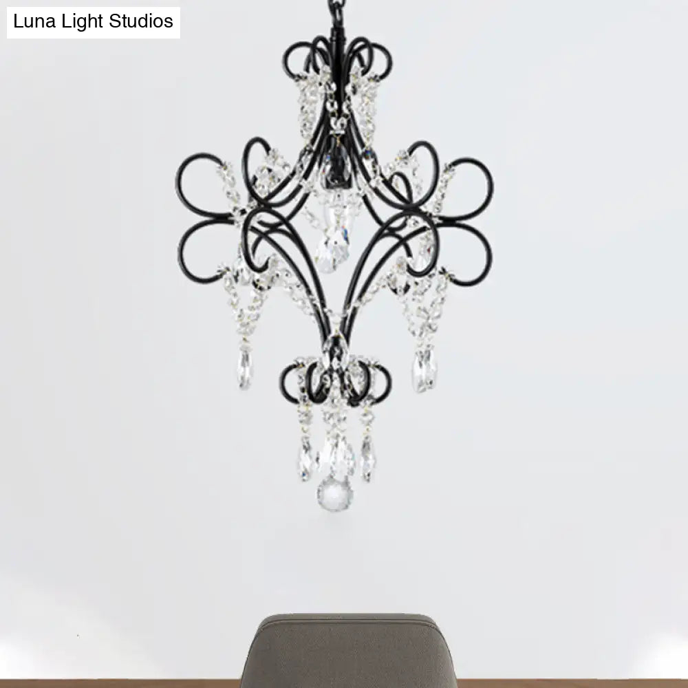 Antique Iron Curve Arm Pendant Light With Crystal Accent - Black Hanging Ceiling