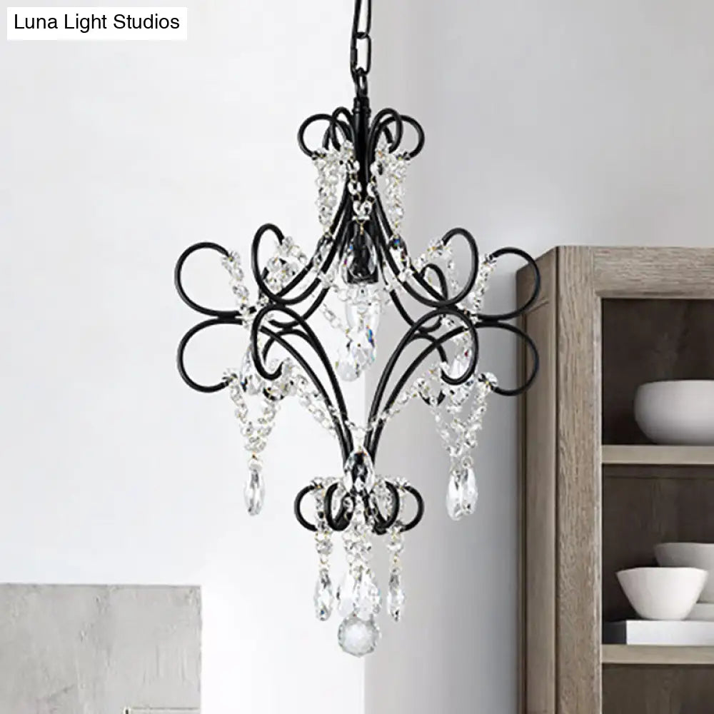 Antique Iron Curve Arm Pendant Light With Crystal Accent - Black Hanging Ceiling