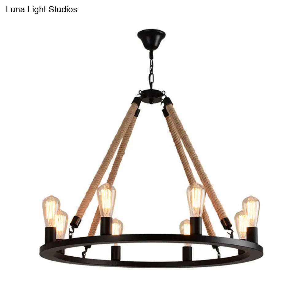 Antique Iron Ring Chandelier: Matte Black Pendant Light With Hemp Rope For Restaurants