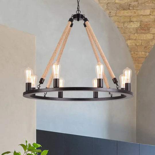 Antique Iron Ring Chandelier: Matte Black Pendant Light With Hemp Rope For Restaurants 8 /