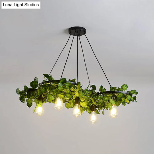 Antique Iron Wagon Wheel Chandelier With Green Plant Decor - Perfect For Restaurant Ceilings 5 /