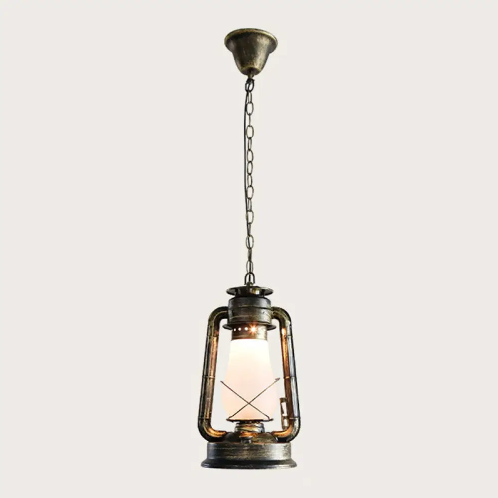 Antique Lantern Kerosene Hanging Light Fixture With Frosted Glass - Bedside Lighting Bronze / Large