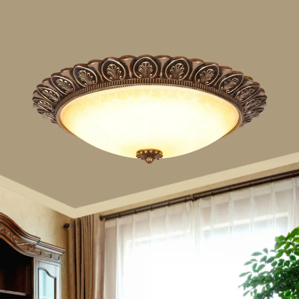 Antique Leaf - Trimmed Gold Led Flush Ceiling Light With Frosted Glass Dome - Flushmount Lighting