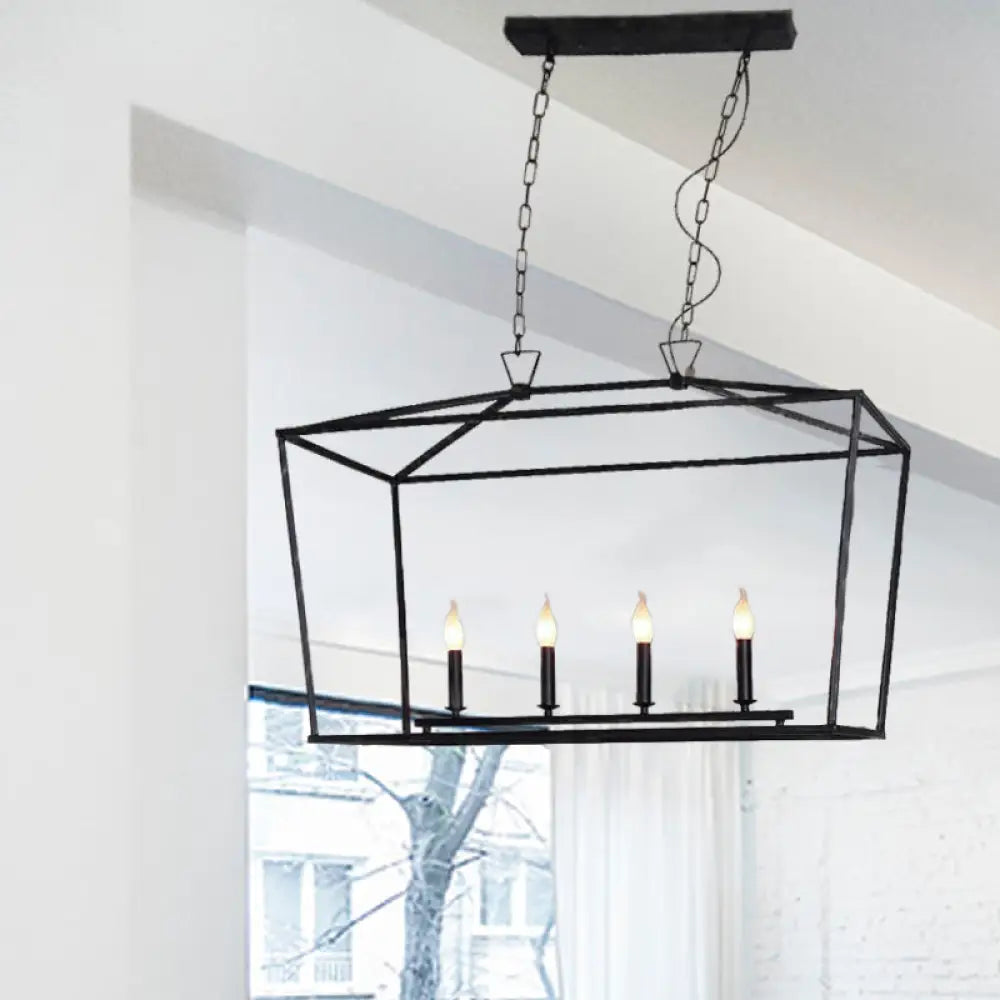 Antique Linear Cage Island Ceiling Light - Stylish 4-Light Wrought Iron Pendant In Black For