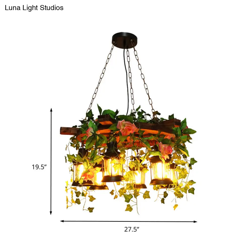 Antique Metal Chandelier With 6 Led Heads And Green Plant Decoration For Restaurant Pendant Lighting