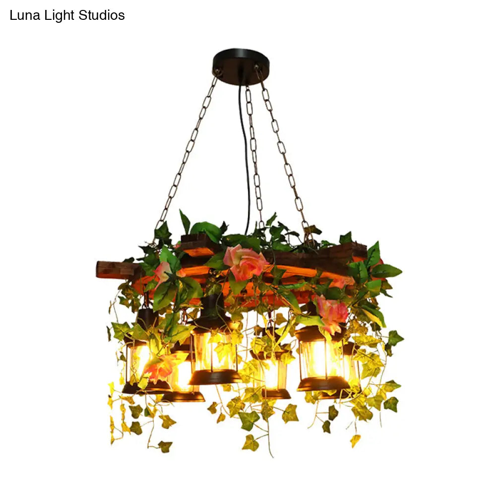 Antique Metal Chandelier With 6 Led Heads And Green Plant Decoration For Restaurant Pendant Lighting