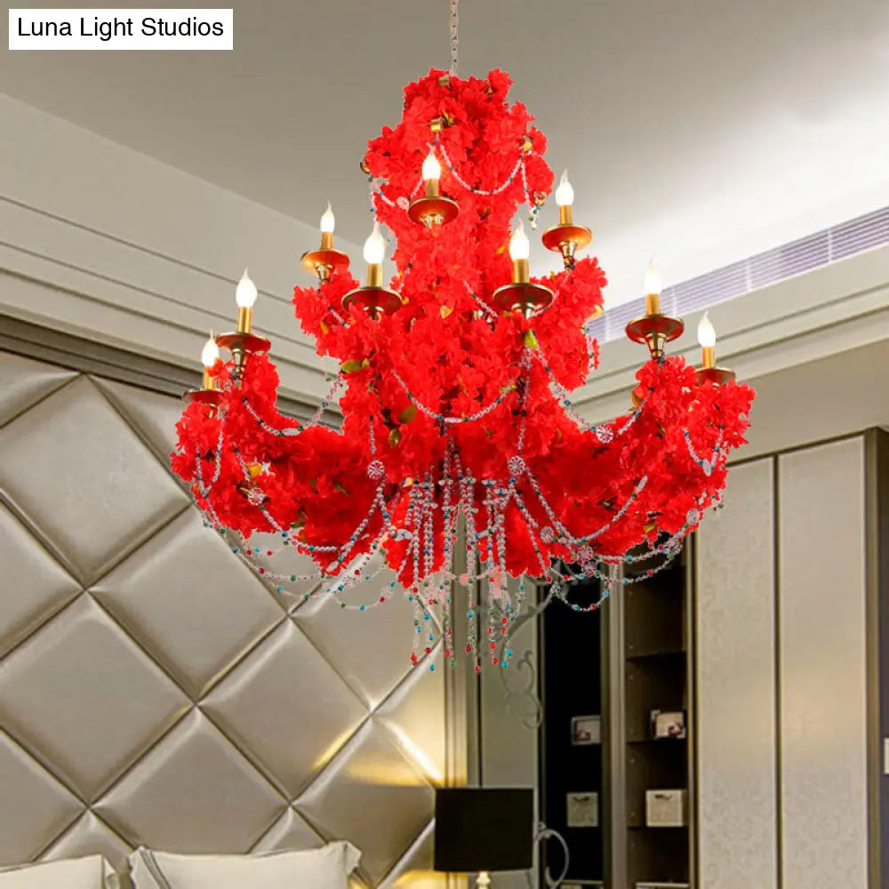 Red Metal Candle Pendant Chandelier With Crystal Accents - Antique Style 12 Bulbs Led Perfect For