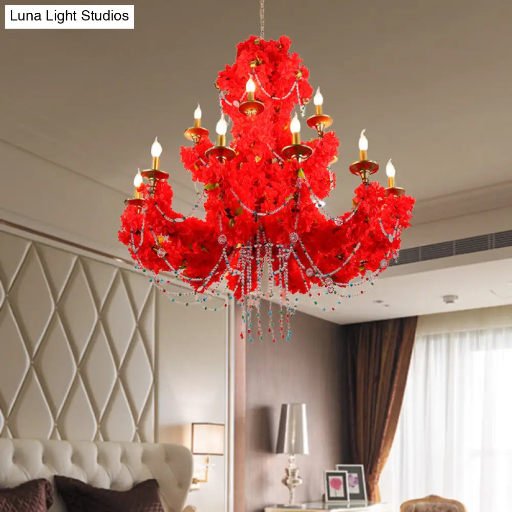 Red Metal Candle Pendant Chandelier With Crystal Accents - Antique Style 12 Bulbs Led Perfect For