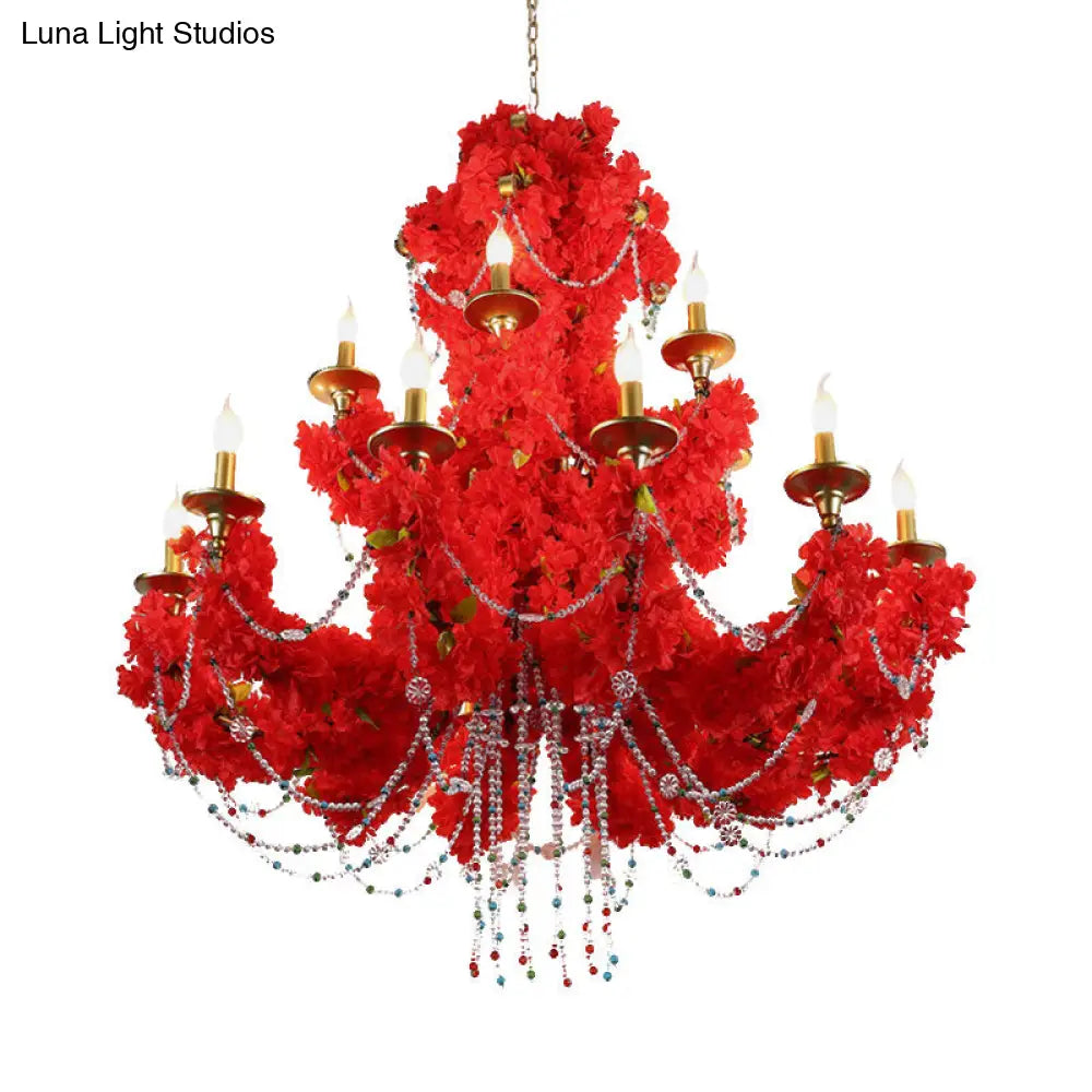 Red Metal Candle Pendant Chandelier With Crystal Accents - Antique Style 12 Bulbs Led Perfect For