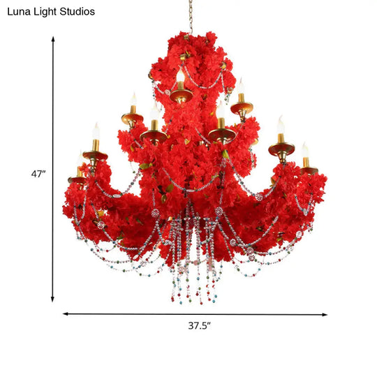 Red Metal Candle Pendant Chandelier With Crystal Accents - Antique Style 12 Bulbs Led Perfect For