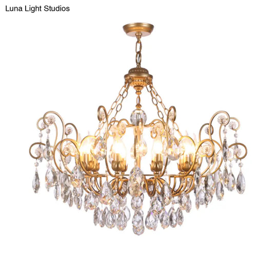 Antique Metal Chandelier With Swirling Design Crystal Droplets - Elegant Suspended Lighting Fixture