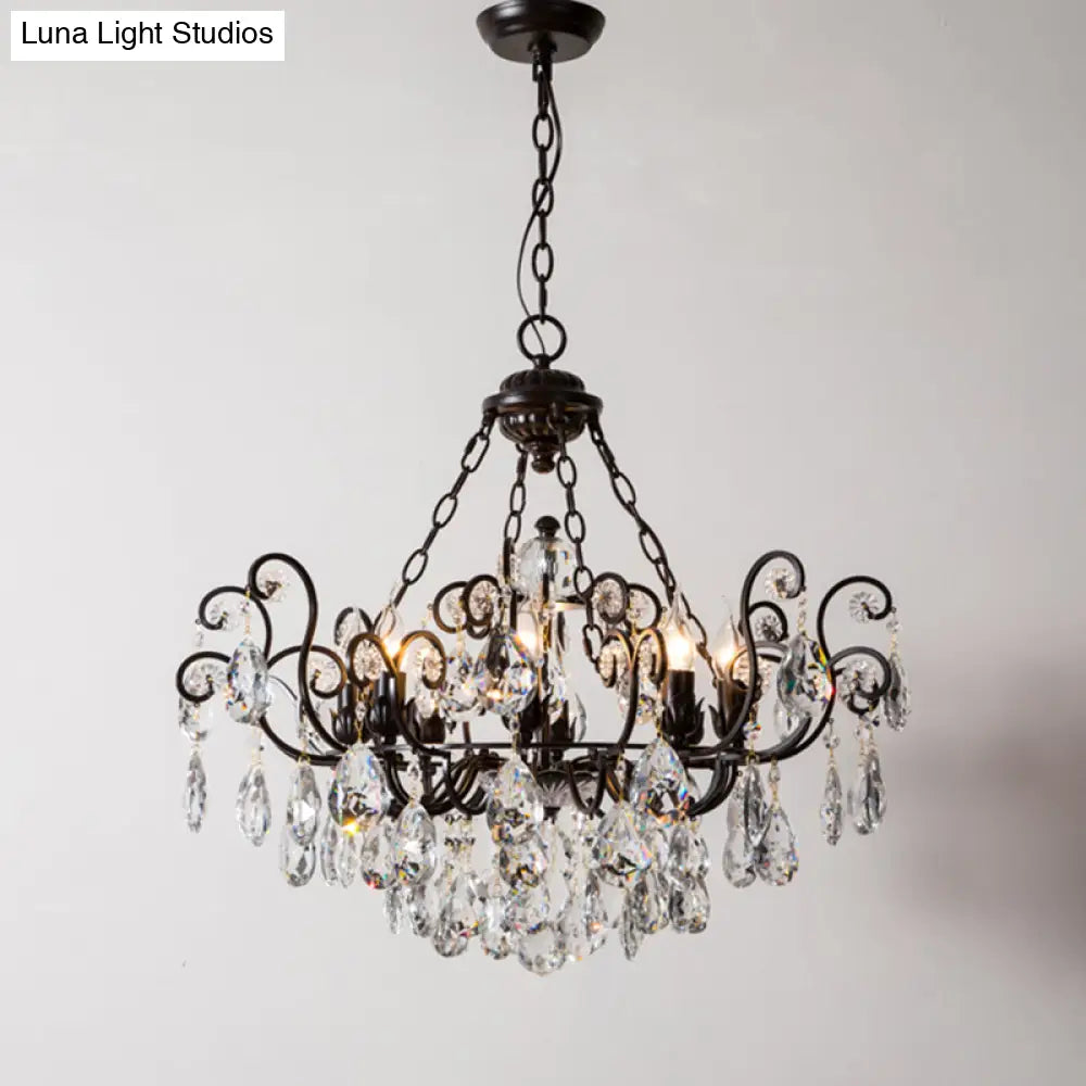 Antique Metal Chandelier With Swirling Design Crystal Droplets - Elegant Suspended Lighting Fixture