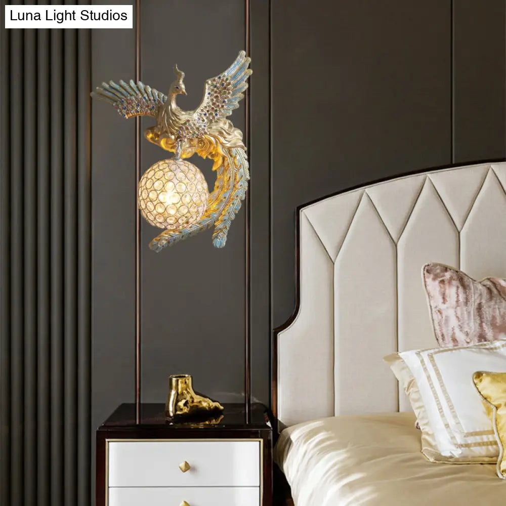 Antique Metal & Crystal Wall Sconce With Orb Design - 1-Light Living Room Lamp (White/Gold/Blue