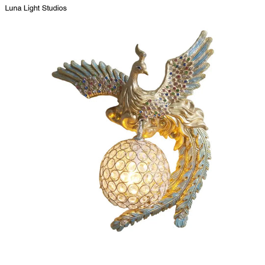 Antique Metal & Crystal Wall Sconce With Orb Design - 1-Light Living Room Lamp (White/Gold/Blue