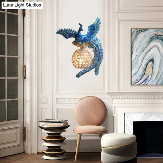 Antique Metal & Crystal Wall Sconce With Orb Design - 1-Light Living Room Lamp (White/Gold/Blue