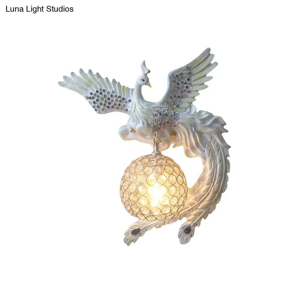 Antique Metal & Crystal Wall Sconce With Orb Design - 1-Light Living Room Lamp (White/Gold/Blue