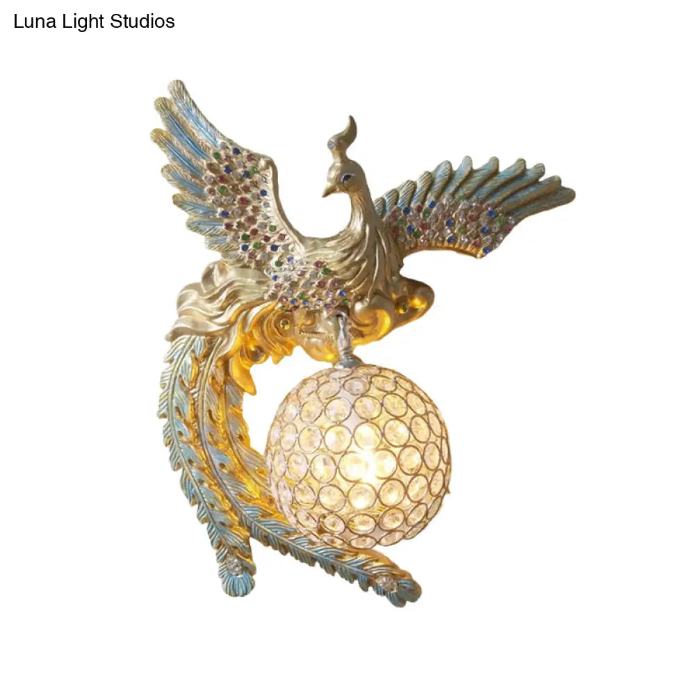 Antique Metal & Crystal Wall Sconce With Orb Design - 1-Light Living Room Lamp (White/Gold/Blue