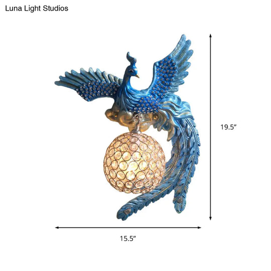 Antique Metal & Crystal Wall Sconce With Orb Design - 1-Light Living Room Lamp (White/Gold/Blue