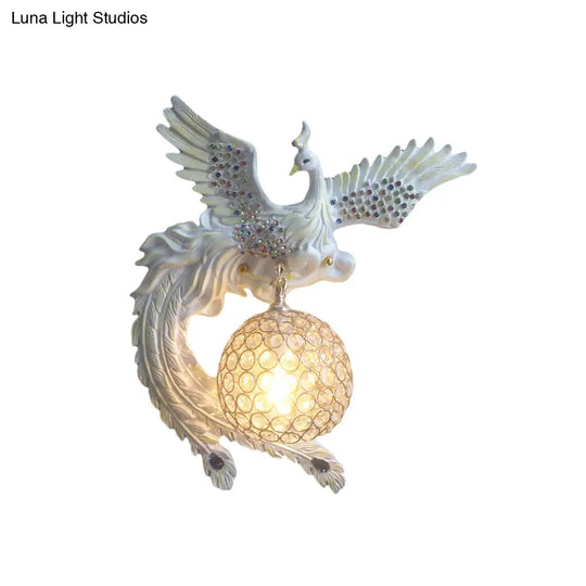 Antique Metal & Crystal Wall Sconce With Orb Design - 1-Light Living Room Lamp (White/Gold/Blue