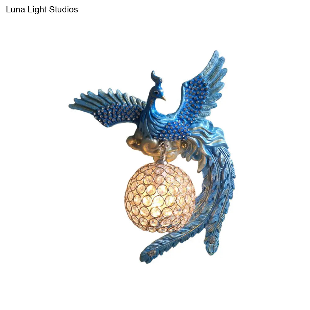 Antique Metal & Crystal Wall Sconce With Orb Design - 1-Light Living Room Lamp (White/Gold/Blue