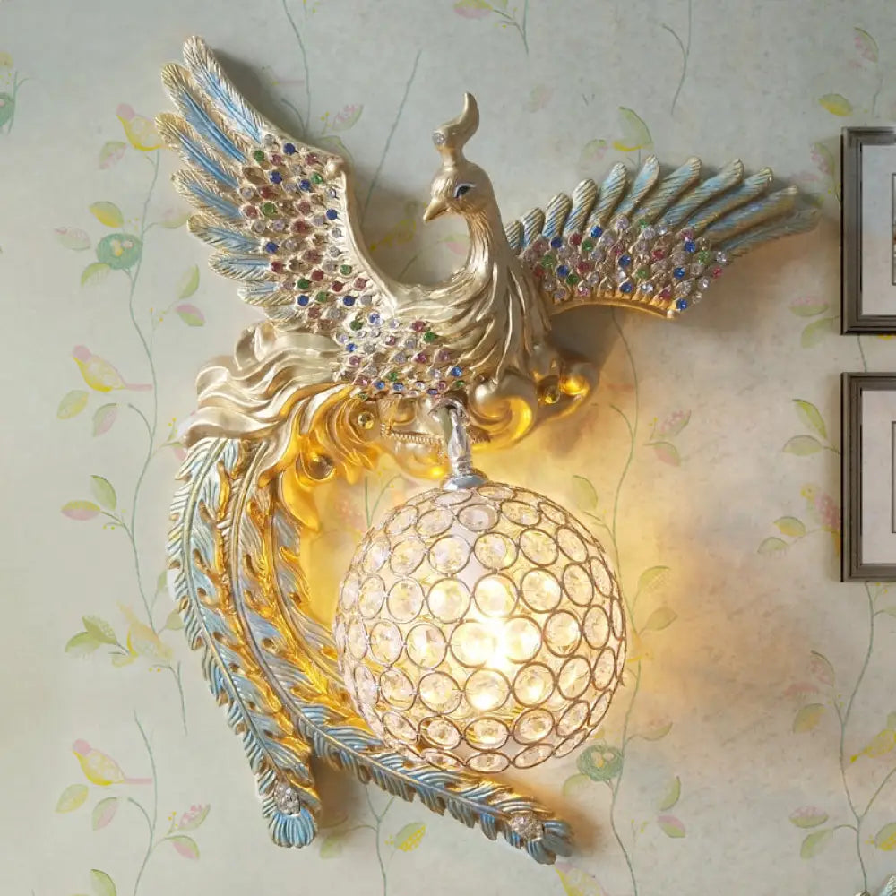 Antique Metal & Crystal Wall Sconce With Orb Design - 1-Light Living Room Lamp (White/Gold/Blue