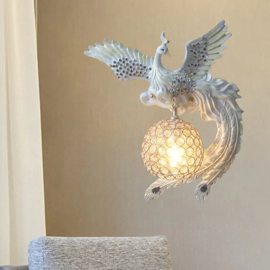 Antique Metal & Crystal Wall Sconce With Orb Design - 1-Light Living Room Lamp (White/Gold/Blue