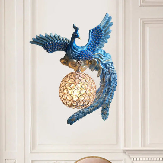 Antique Metal & Crystal Wall Sconce With Orb Design - 1-Light Living Room Lamp (White/Gold/Blue