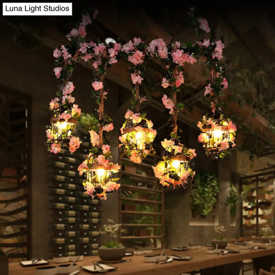 Antique Metal Island Chandelier With 5 Pink Heads - Restaurant Ceiling Light Cherry Blossom/Rose