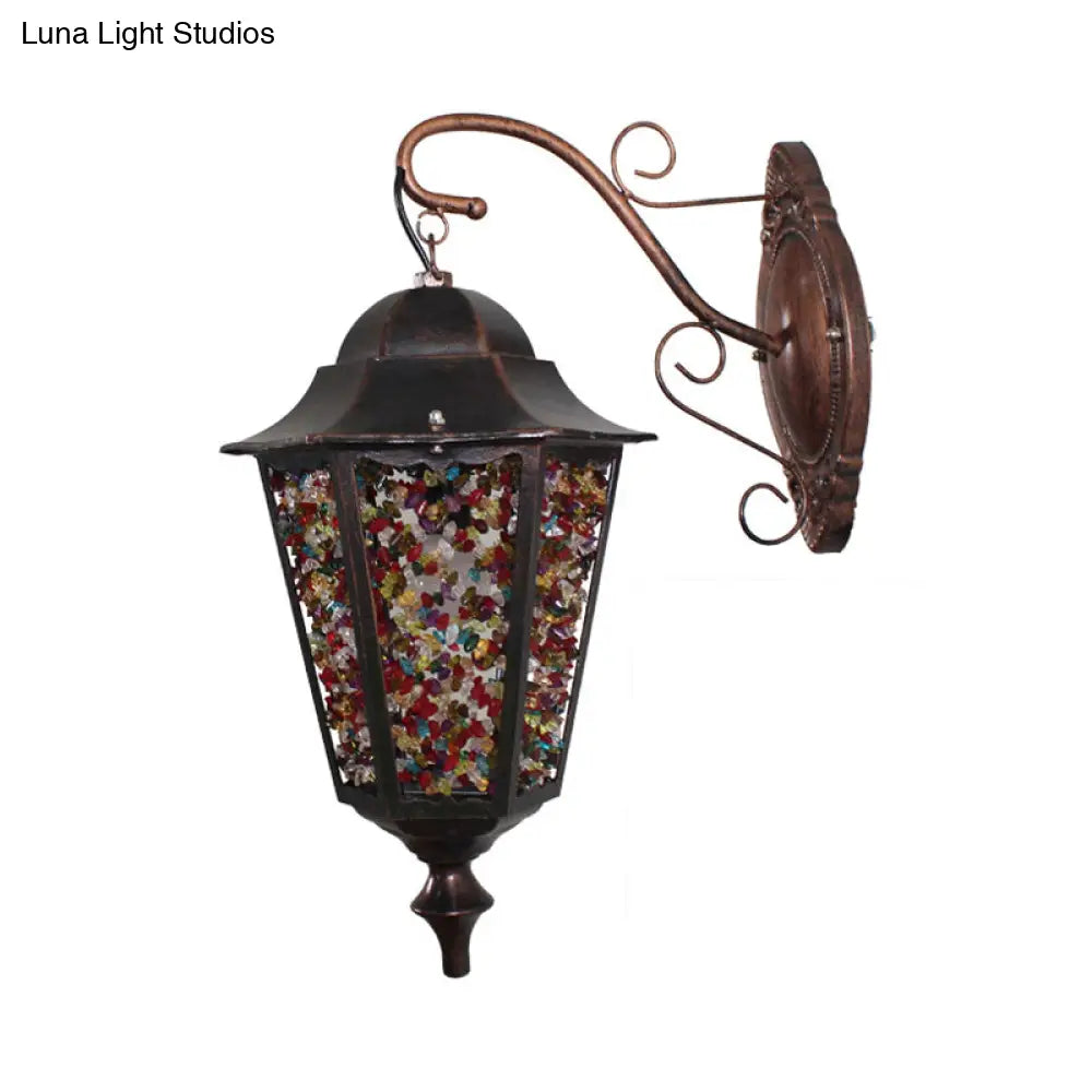 Antique Metal Lantern Wall Sconce With Glass Decoration - 1 Light Red/Yellow/Green Lamp