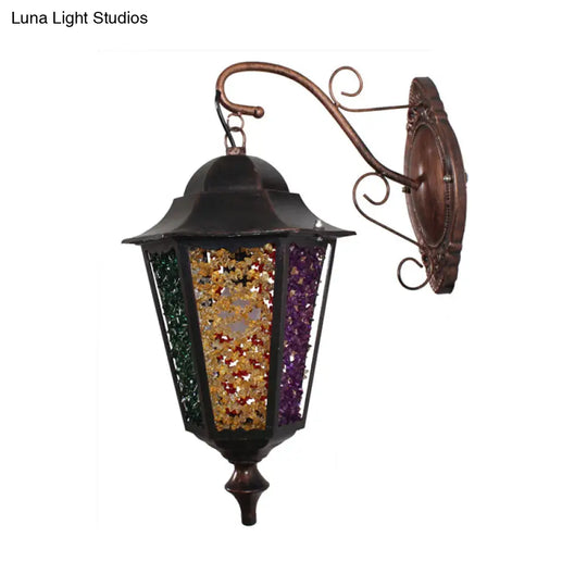 Antique Metal Lantern Wall Sconce With Glass Decoration - 1 Light Red/Yellow/Green Lamp