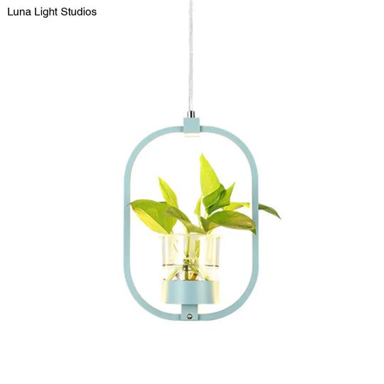 Antique Oval Metal Pendant With Led And Plant Cup For Restaurants - Black/Grey/White Blue