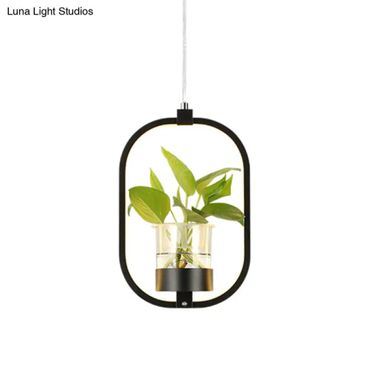 Antique Metal Pendant Light With Plant Cup And Led For Restaurants - Oval Shape In Black/Grey/White