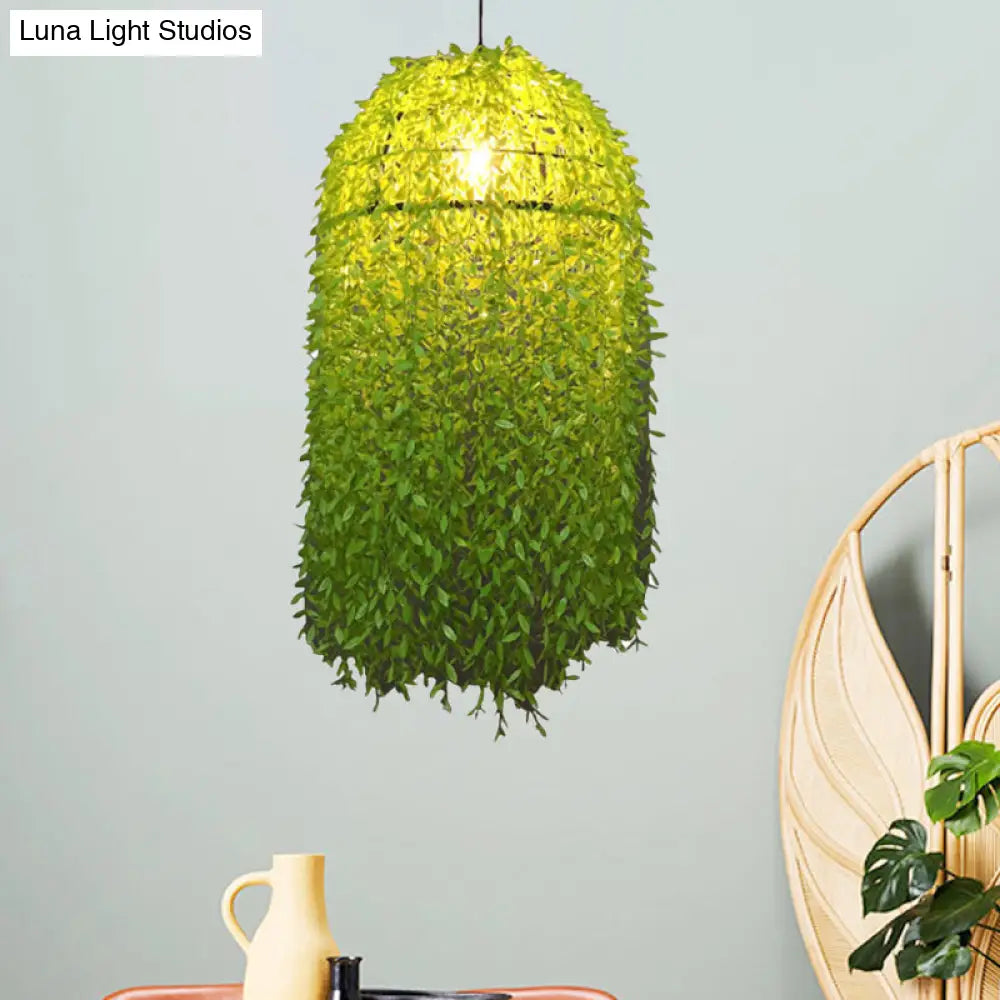 Antique Metal Plant Led Pendant Lamp For Restaurants - Green 1-Bulb Ceiling Hanging Fixture