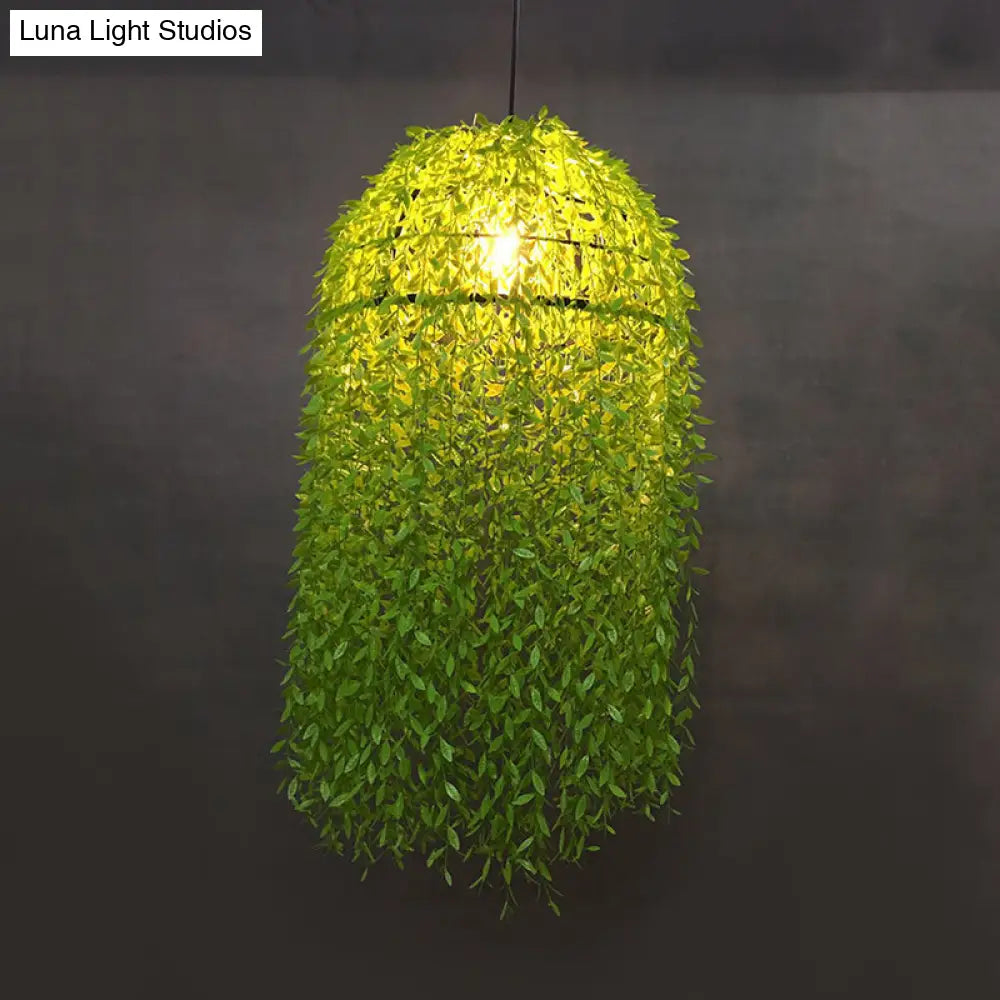 Antique Metal Plant Led Pendant Lamp For Restaurants - Green 1-Bulb Ceiling Hanging Fixture