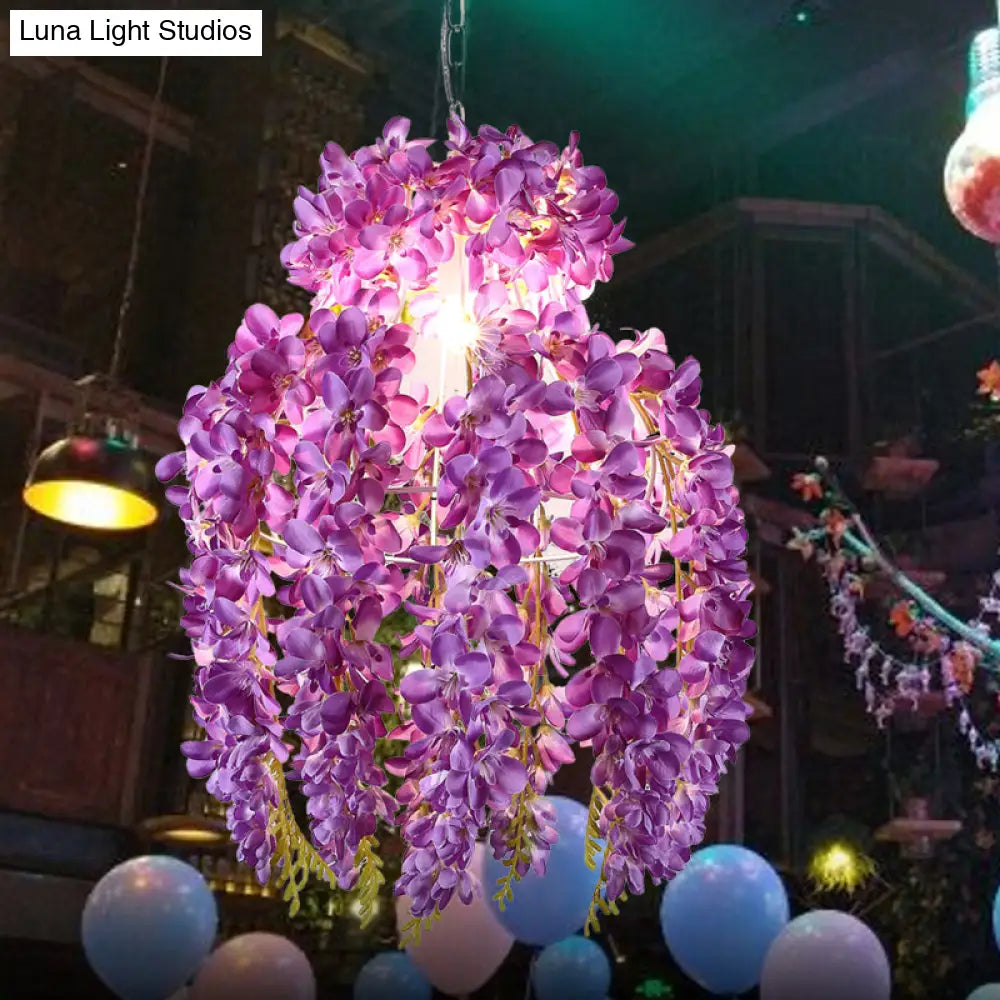 Antique Metal Purple Floral Pendant Lamp With Led Bulb - Ideal For Restaurants