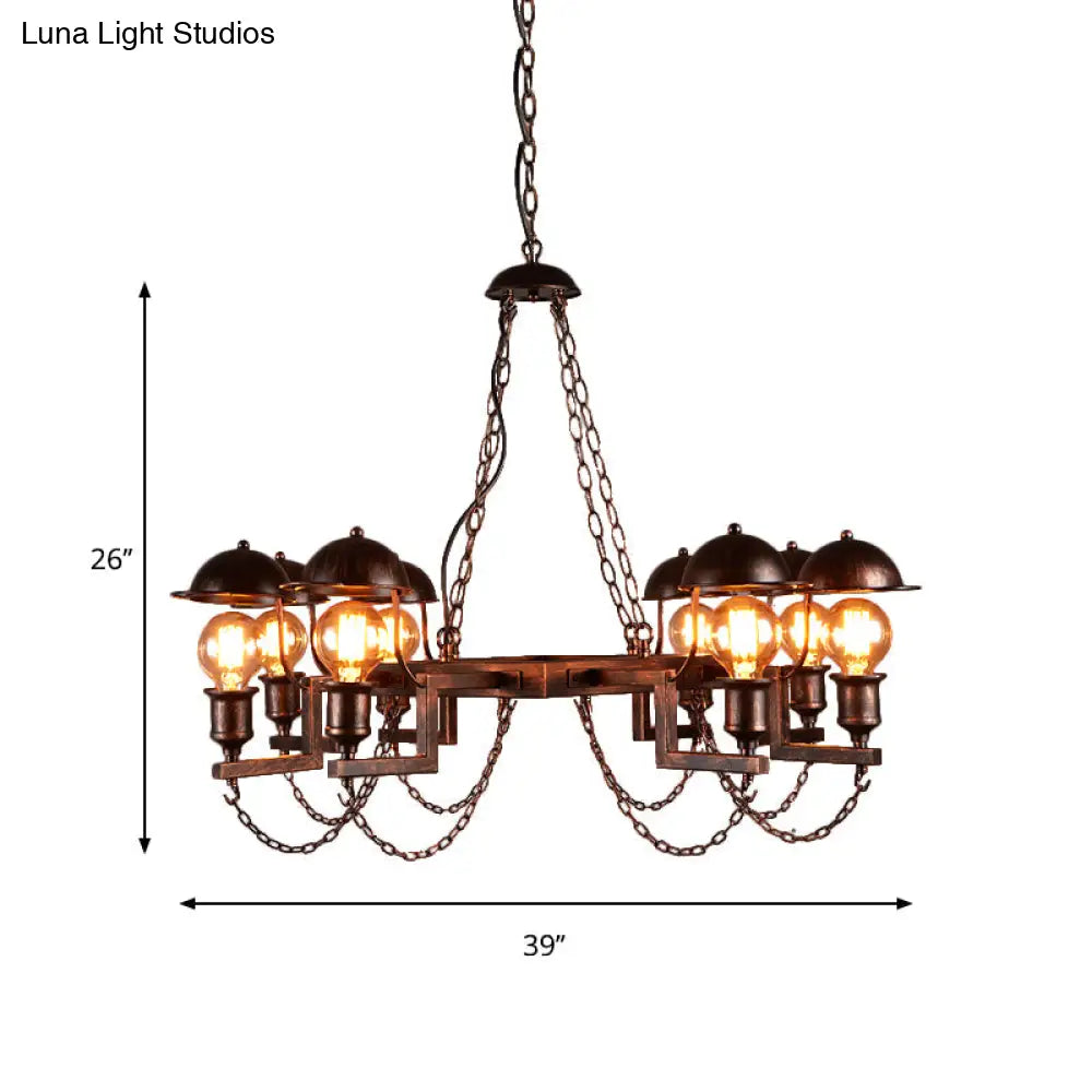 Antique Metal Ring Hanging Lamp - 8 Head Chandelier With Half-Globe Shade Rustic Villa Lighting