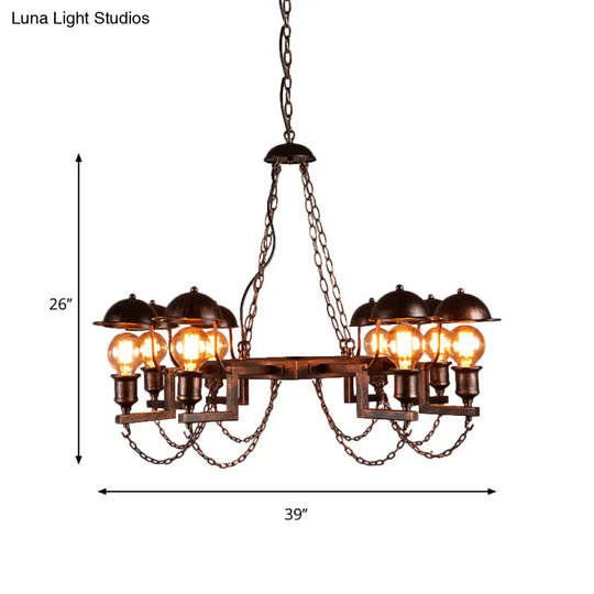 Antique Metal Ring Hanging Lamp - 8 Head Chandelier With Half-Globe Shade Rustic Villa Lighting