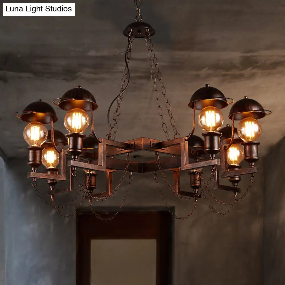 Antique Rust Metal Ring Chandelier With Half-Globe Shade - 8 Heads Ideal For Villa