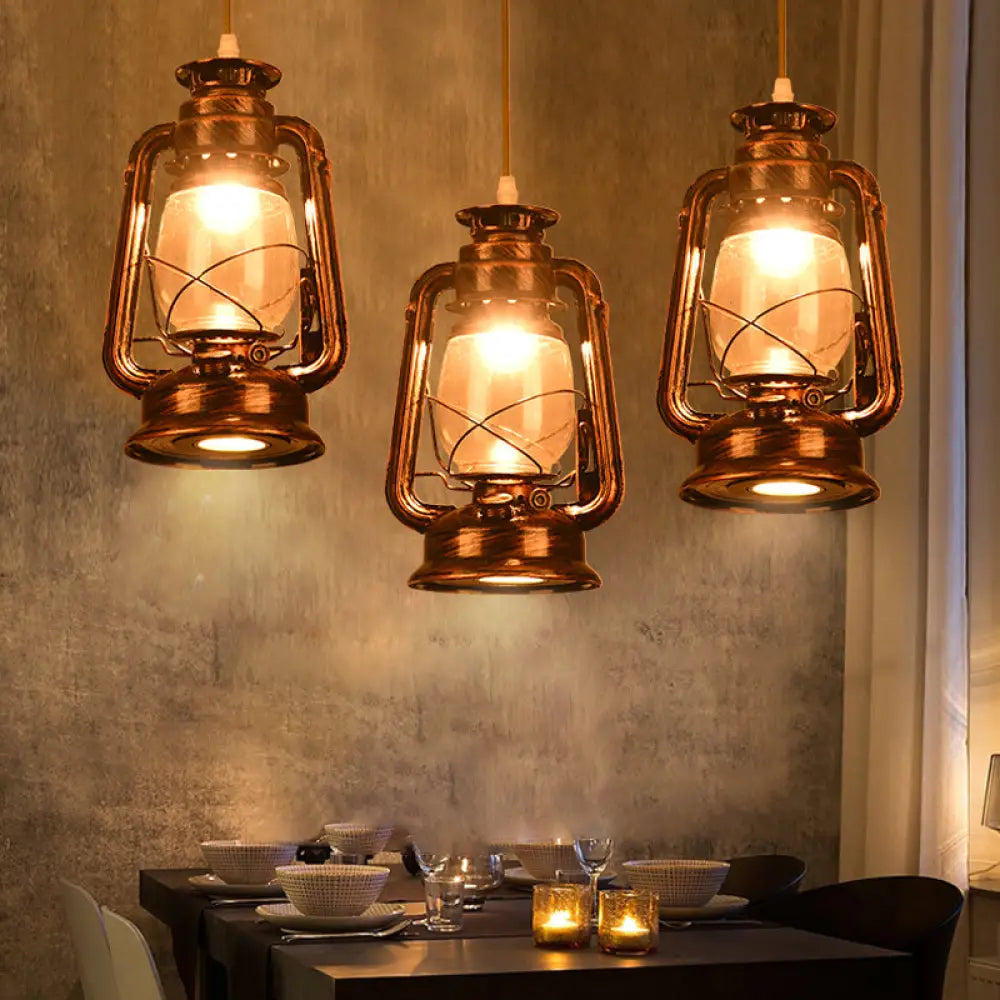 Antique Metal Single Pendant Hanging Lamp - Kerosene Restaurant Lighting With Bronze/Copper Finish