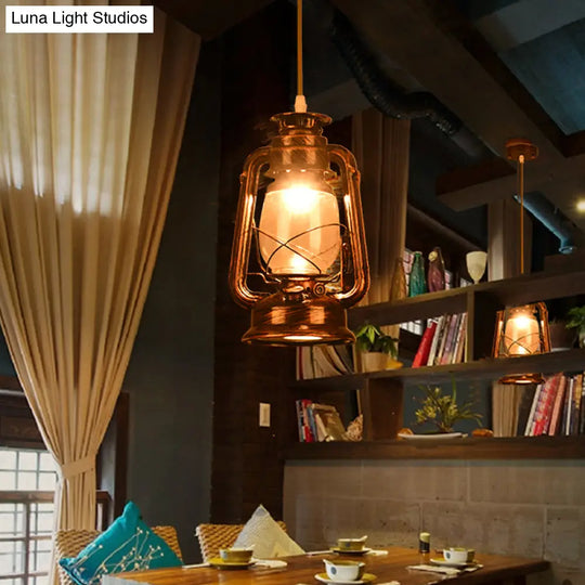 Antique Metal Single Pendant Hanging Lamp - Kerosene Restaurant Lighting With Bronze/Copper Finish