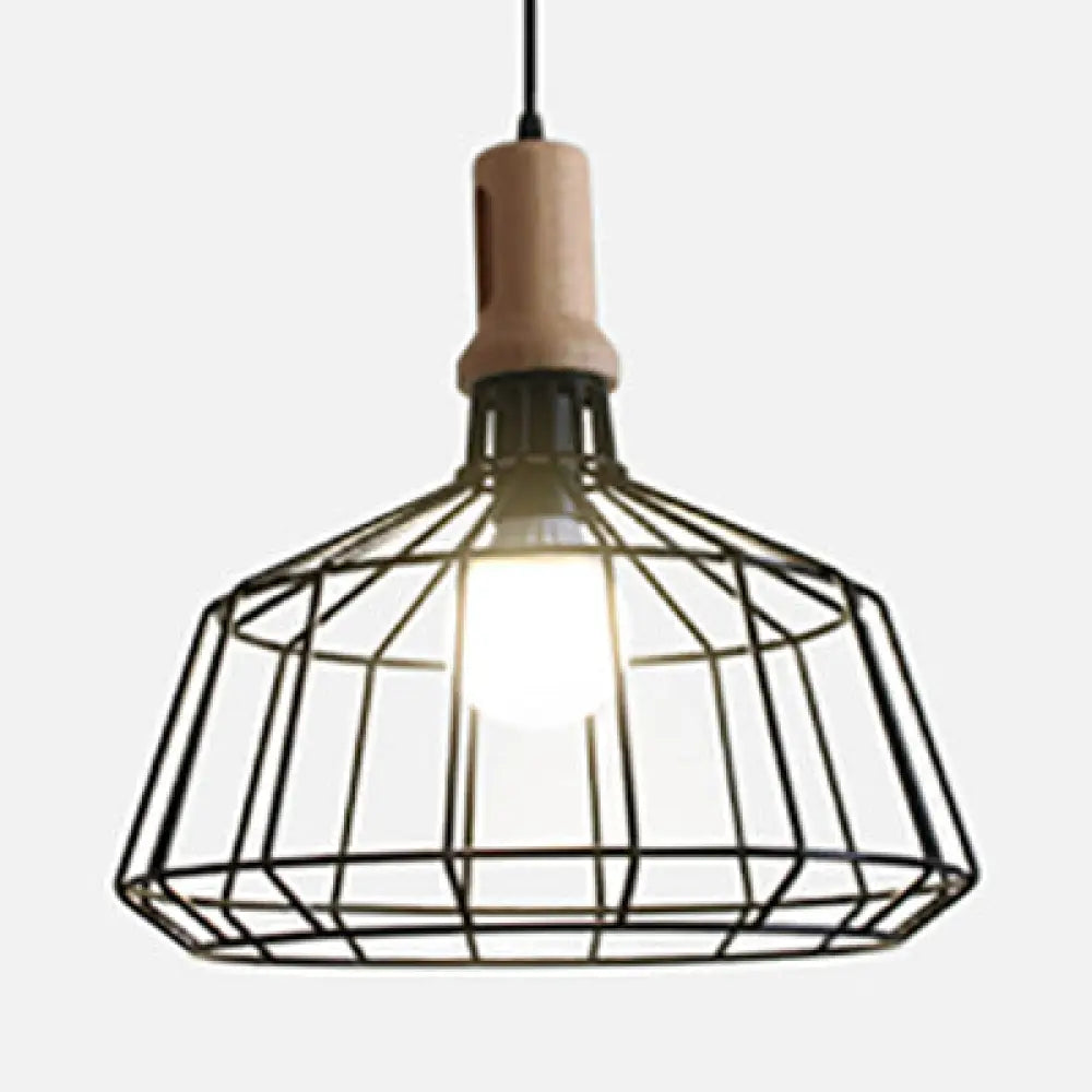 Antique Metal Wire Cage Pendant Lamp With Cone Shade For Living Room Black / Barn
