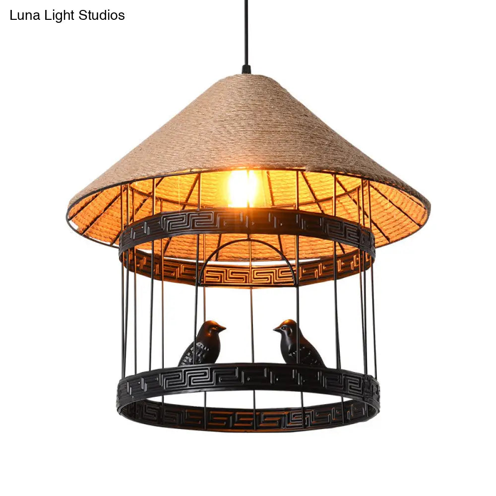 Antique Metallic Black Bird Cage Pendant Lamp With Conical Rope Shade