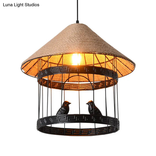 Antique Metallic Black Bird Cage Pendant Lamp With Conical Rope Shade