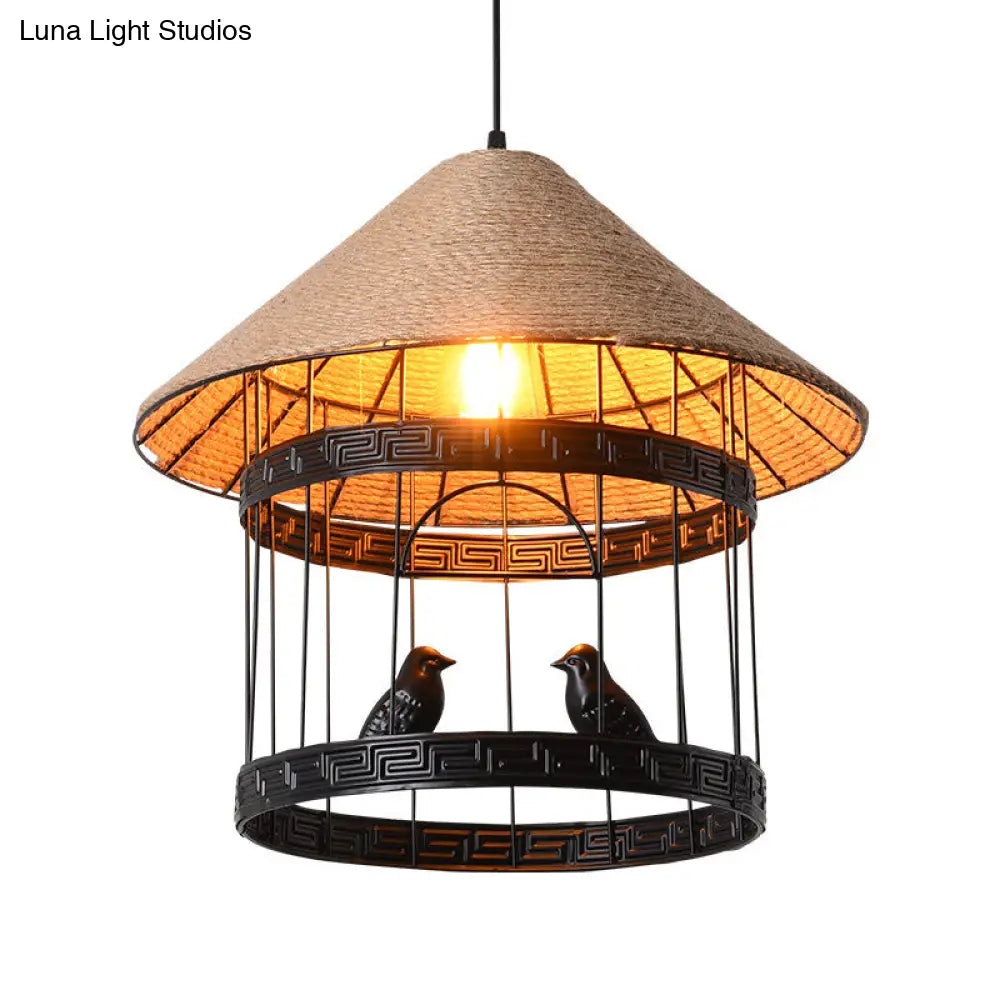 Metallic Black Bird Cage Hanging Lamp: Antique Drop Pendant With Rope Shade