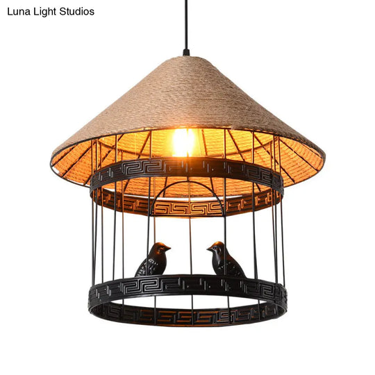 Metallic Black Bird Cage Hanging Lamp: Antique Drop Pendant With Rope Shade