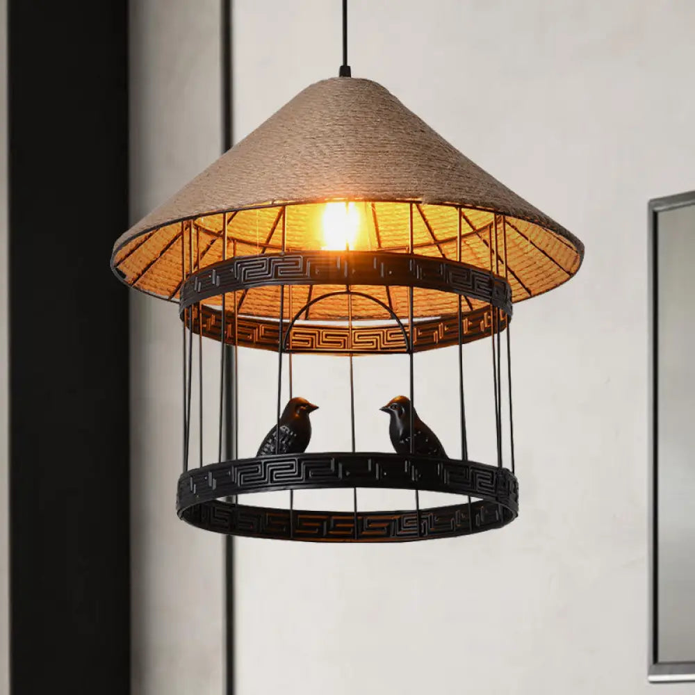 Antique Metallic Black Bird Cage Pendant Lamp With Conical Rope Shade