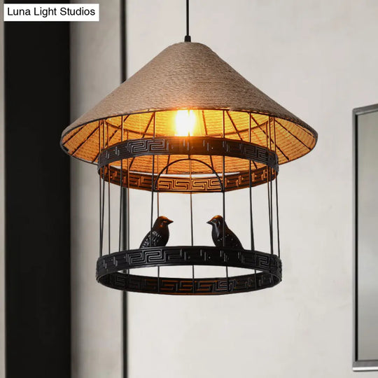 Metallic Black Bird Cage Hanging Lamp: Antique Drop Pendant With Rope Shade