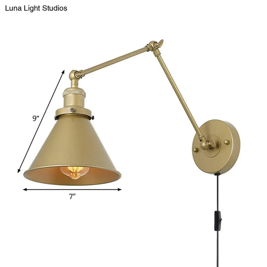 Antique Metallic Conical Bedside Wall Lamp With Swing Arm - Brass Plug-In/Plug-Less Mounted Light