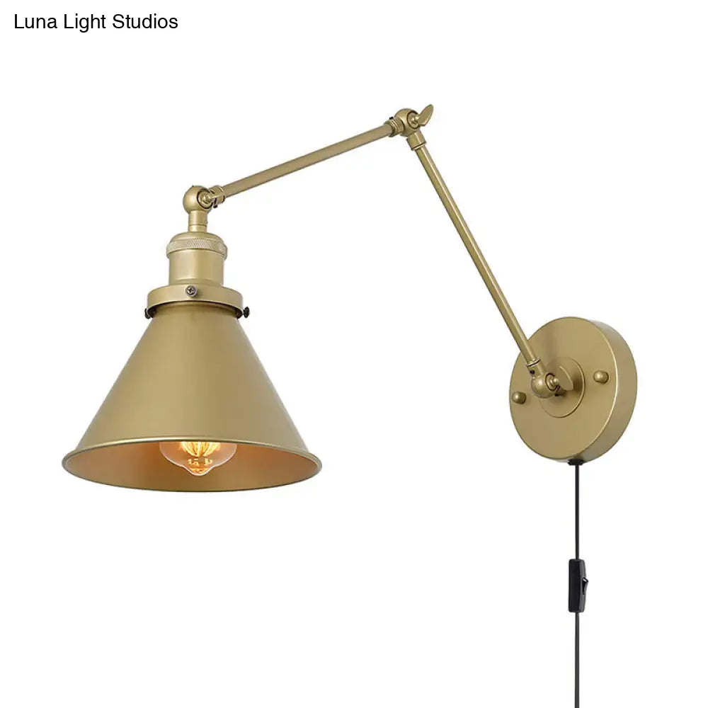 Antique Metallic Conical Bedside Wall Lamp With Swing Arm - Brass Plug-In/Plug-Less Mounted Light