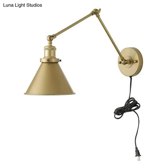 Antique Metallic Conical Bedside Wall Lamp With Swing Arm - Brass Plug-In/Plug-Less Mounted Light